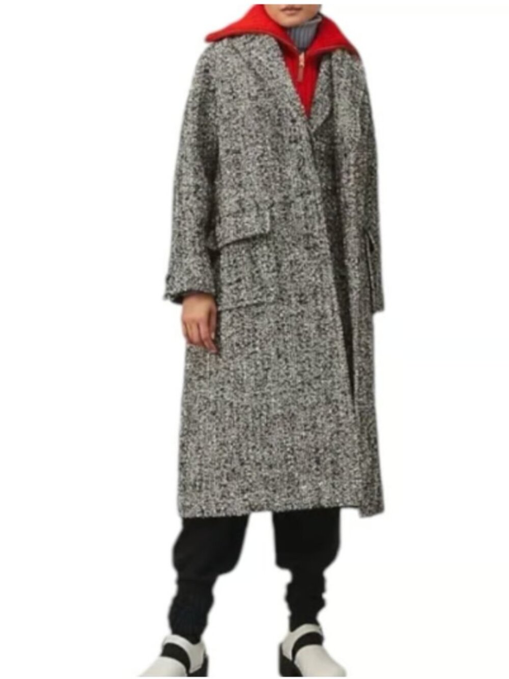 Tory Burch Quiet Luxury Black White Wool Mohair Tweed Oversized Long Coat Jacket